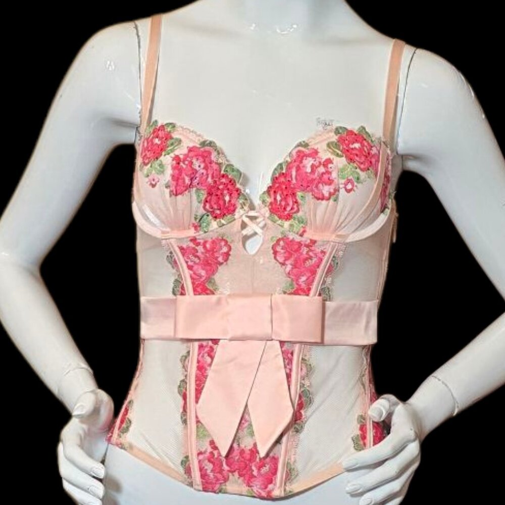 VICTORIA'S SECRET Pink Floral Mesh Lace Embroidered Corset Style Top sz34B LNWOT
